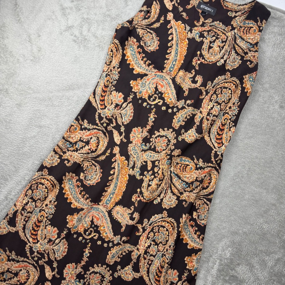 Studio I Paisley Dress Womens 14 Brown Excellent Sleeveless A-Line Scoop Neck